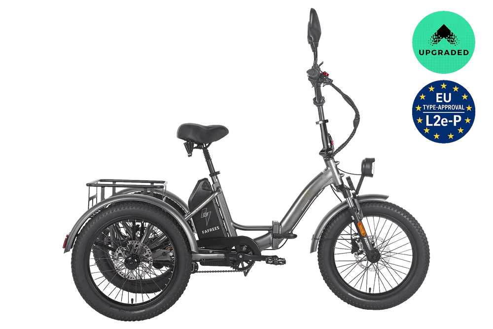 Fafrees F20 Mate HS electric trike in Gunmetal Black with rear basket