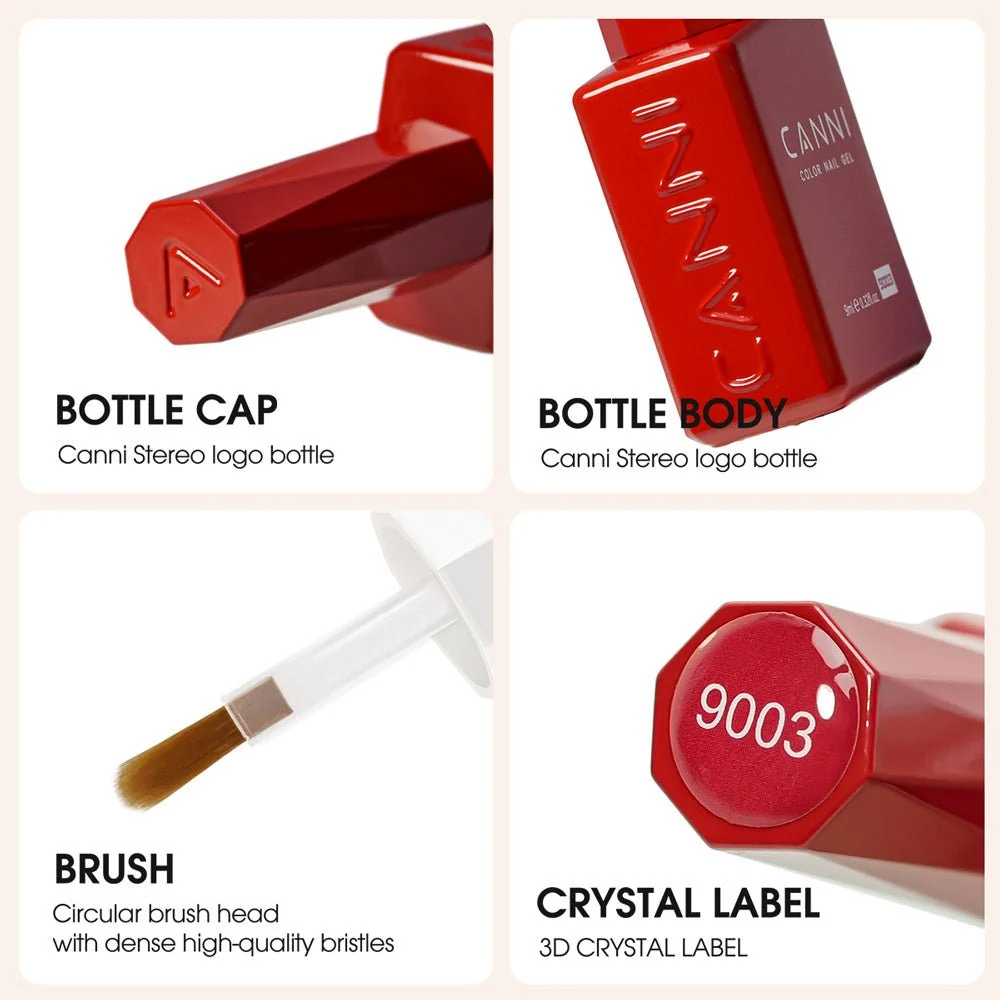 Close-up of CANNI bottle cap, body, brush and 3D crystal color label