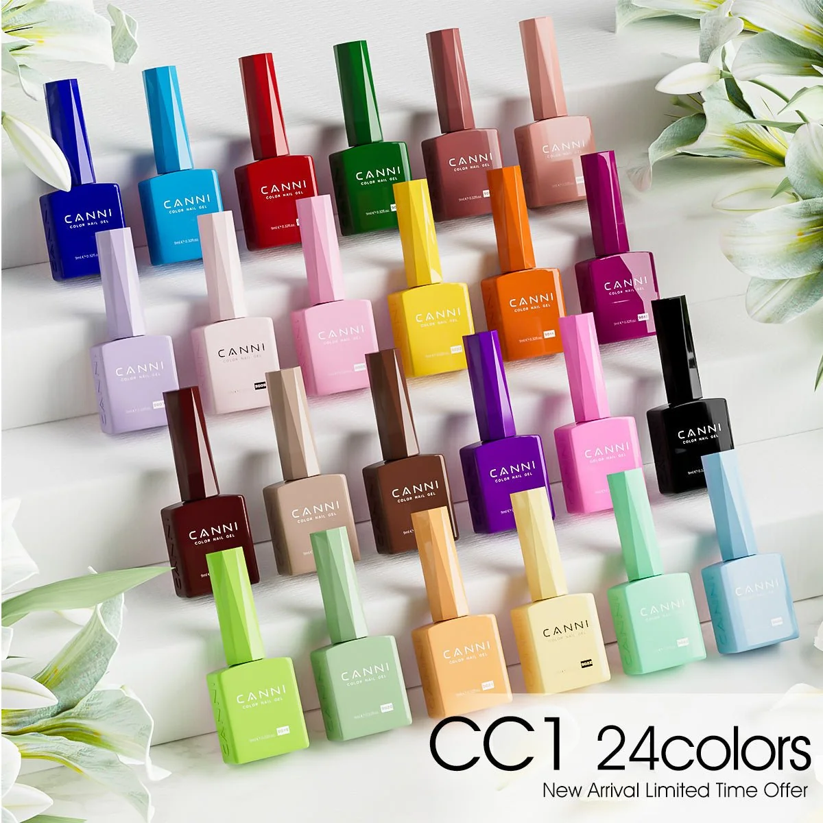 CANNI CC1 kit: 24 colorful 9 ml gel polish bottles arranged on white steps with lilies