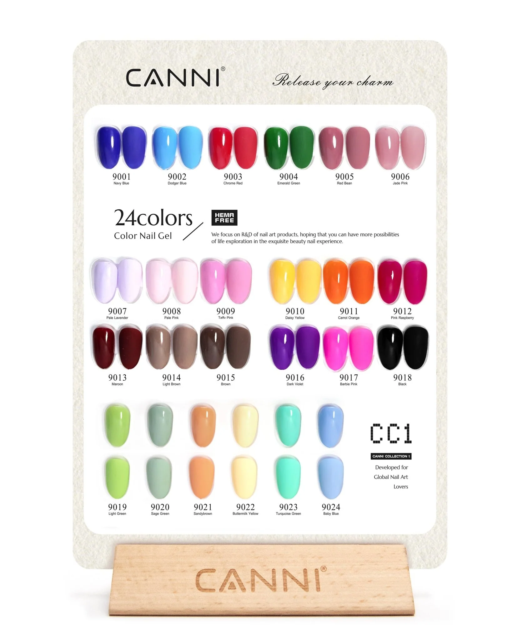 CANNI CC1 color card showing 24 named shades on a wooden stand