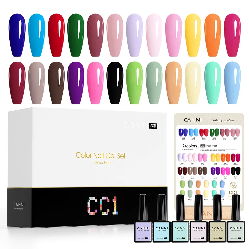 CANNI CC1 kit with 24 swatches, the white CC1 box, color card and six prep and finish bottles