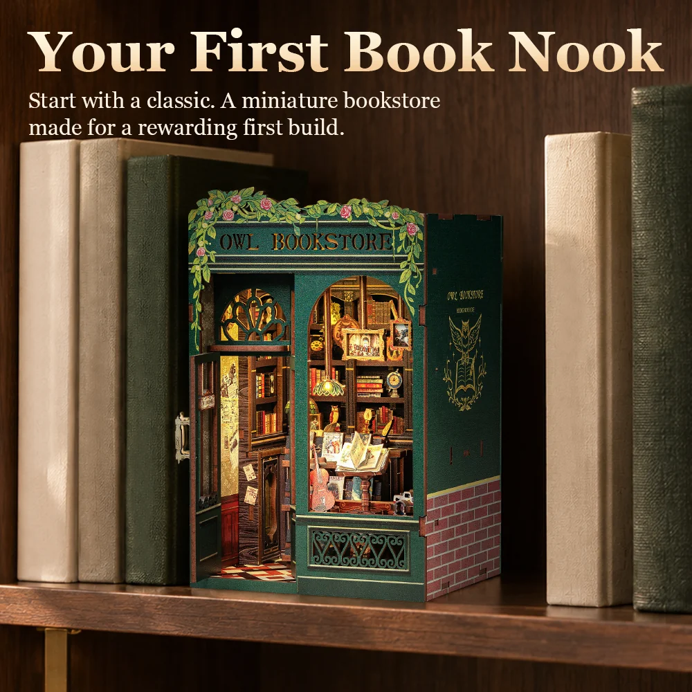 CUTEBEE Owl Bookstore kit shown from the side with the owl logo on a bookshelf