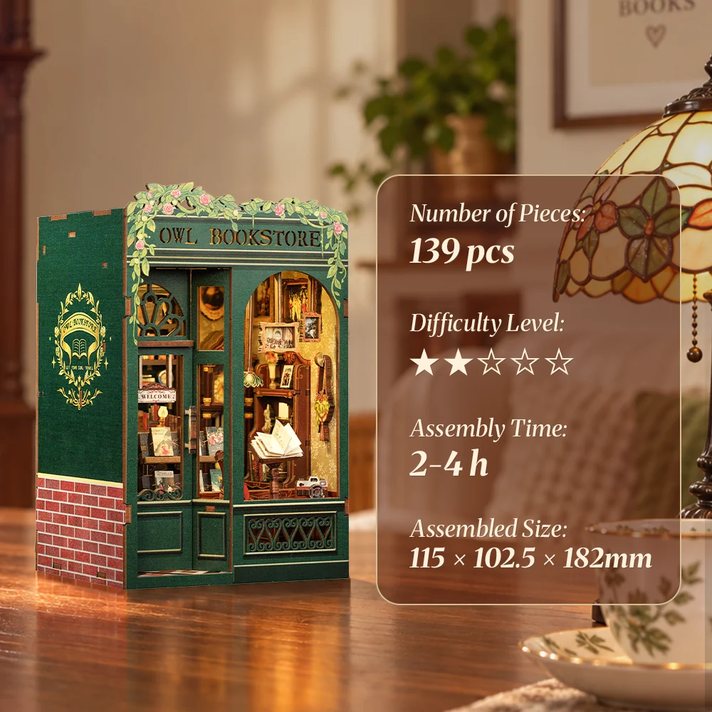 Owl Bookstore kit: 139 pieces, difficulty 2 stars, assembly time 2 to 4 hours, size 115 by 102.5 by 182 millimeters