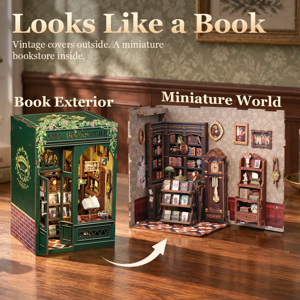 Owl Bookstore book nook with its exterior cover and the miniature interior revealed