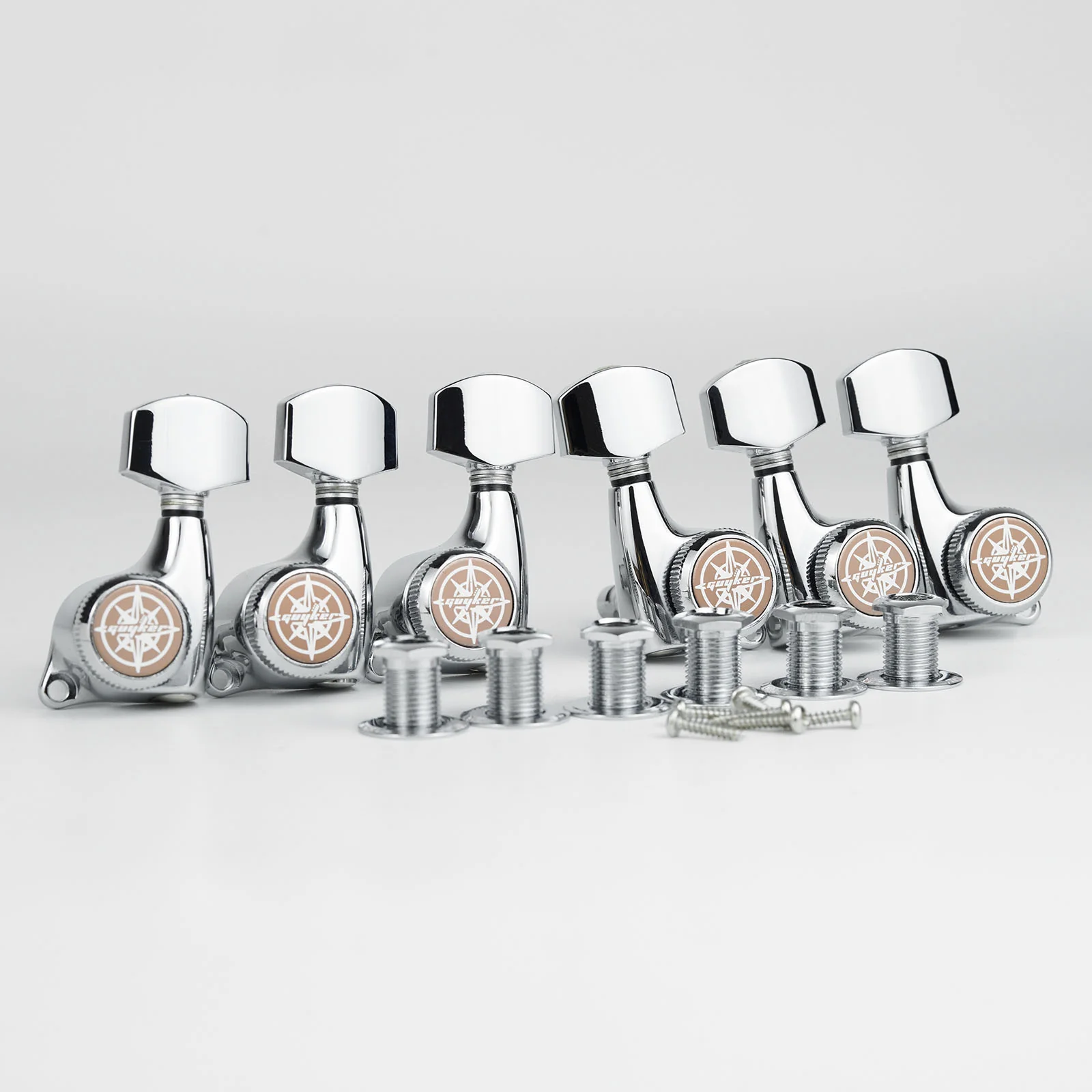 Guyker GK-501D7SP chrome tuners in a row with bushings and screws