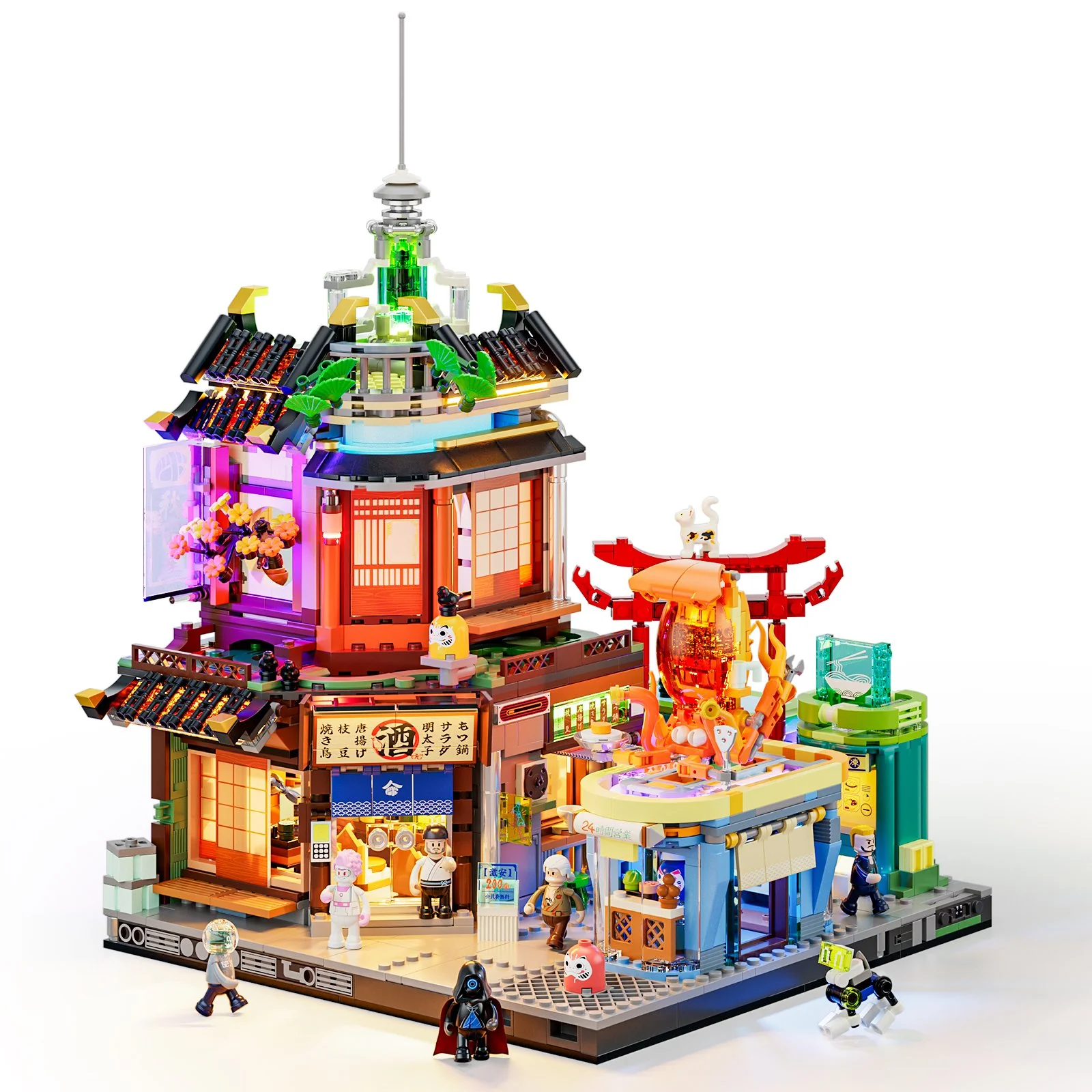 Lumibricks Izakaya on a white background, showing all three buildings and minifigures