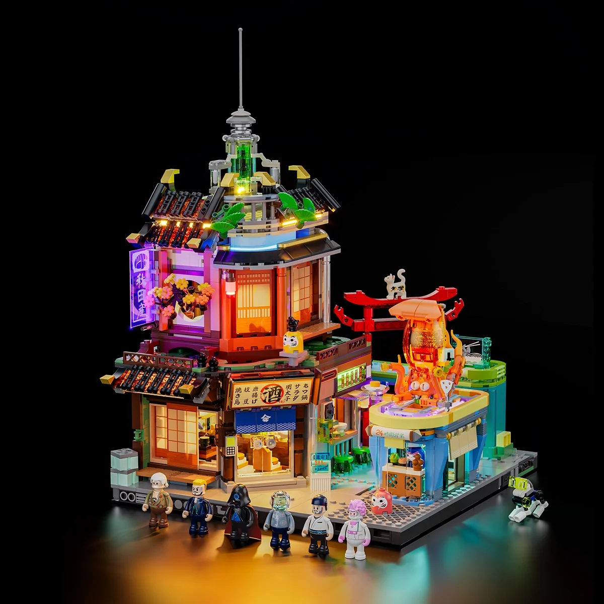 Lumibricks Izakaya cyberpunk Japanese tavern building set glowing with LED lights and six minifigures
