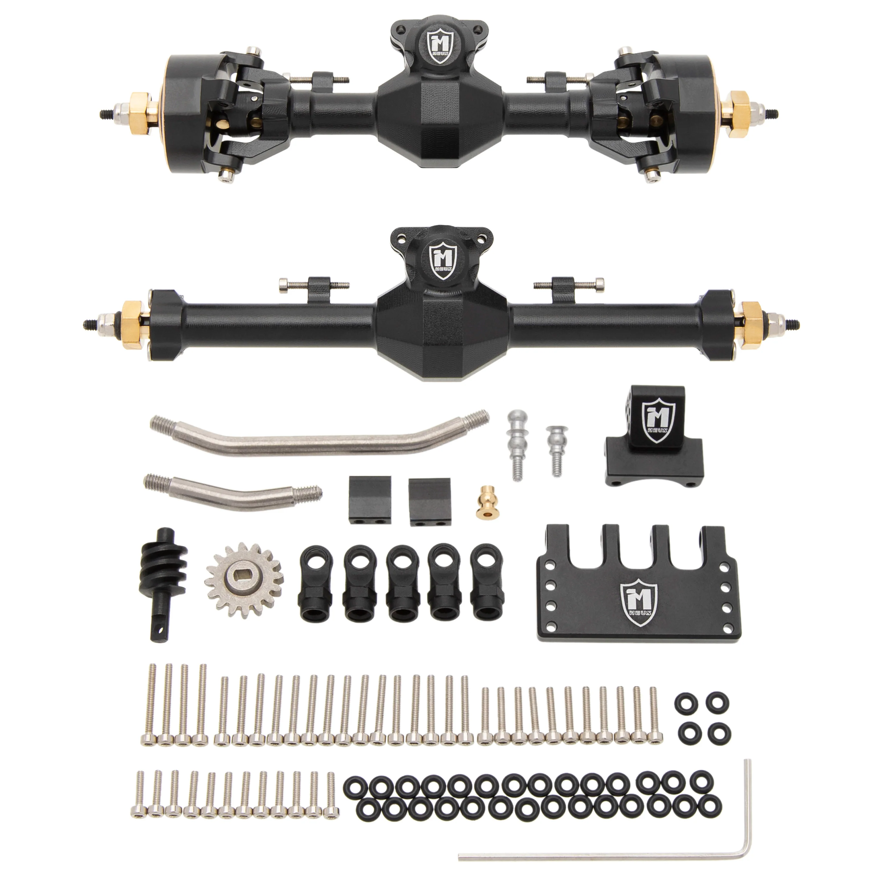 All parts included with the MEUS SCX24 isokinetic axle set: axles, links, gears, mounts, screws and O-rings