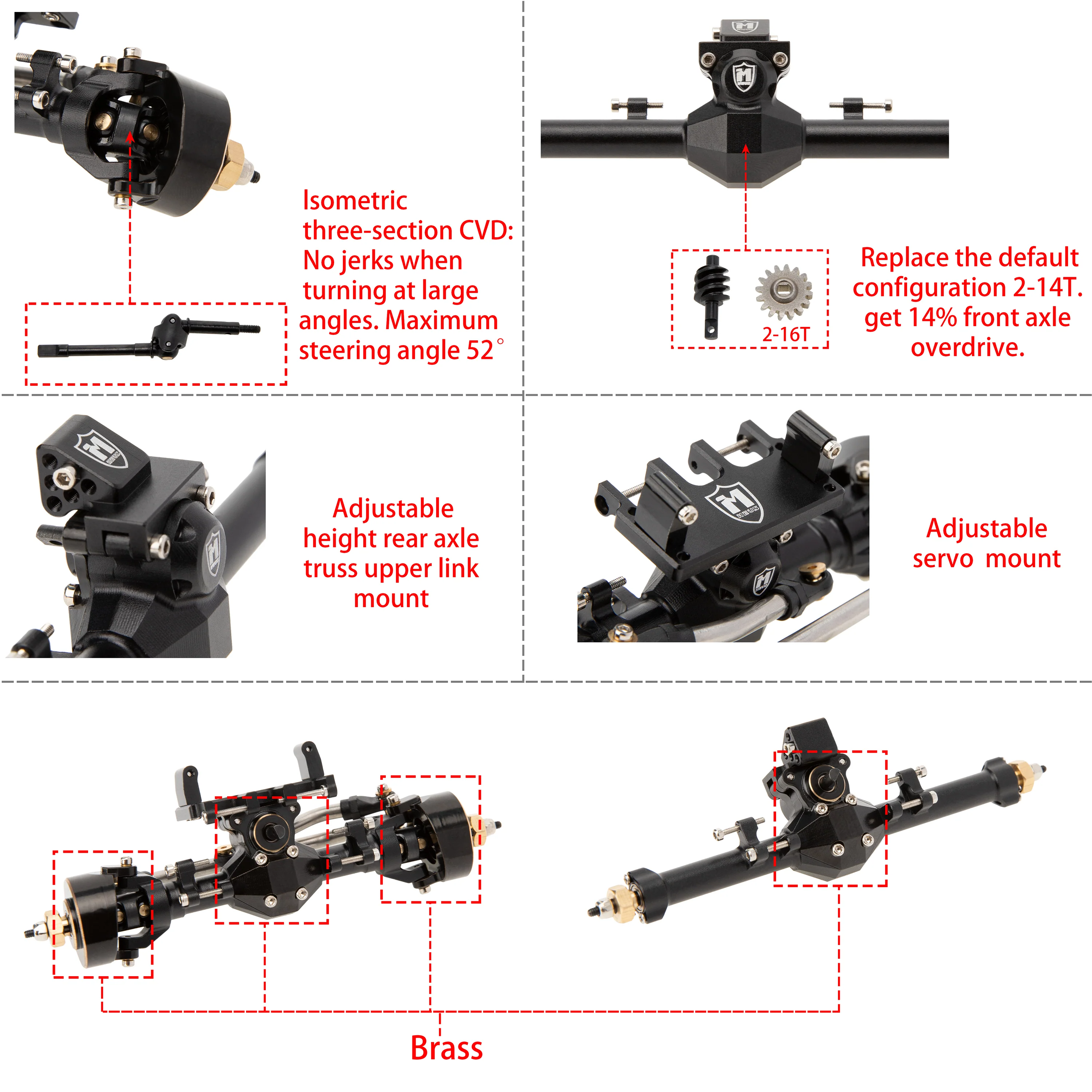 MEUS infographic showing 52° steering, 2-16T gears, adjustable rear link mount and servo mount