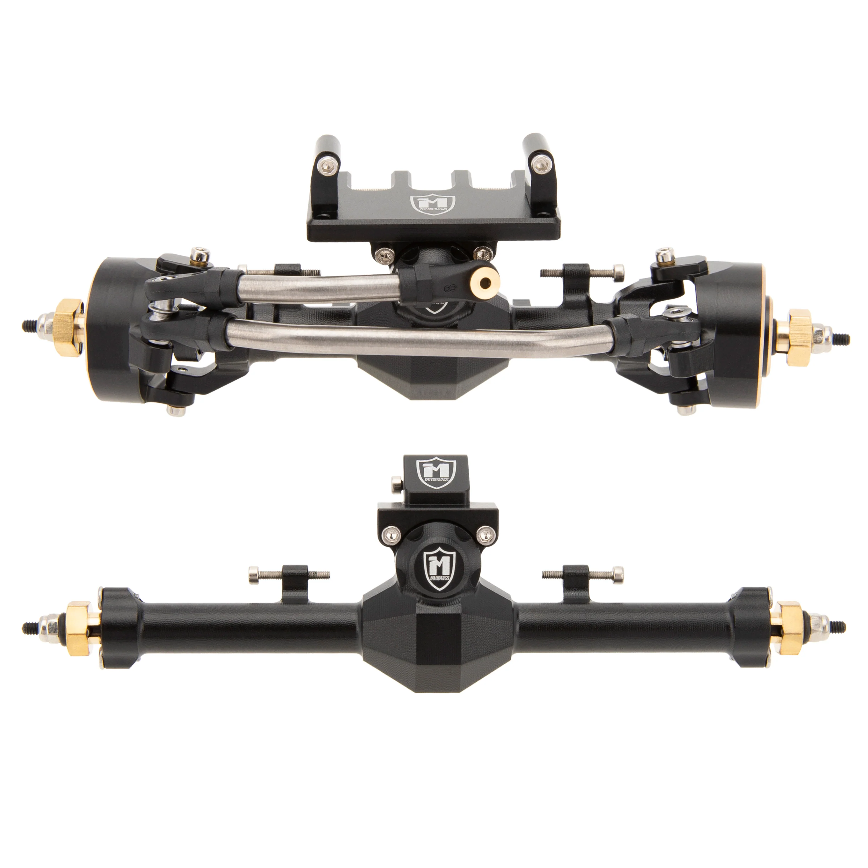 MEUS Racing black SCX24 metal isokinetic front and rear axles with brass hubs and steering links