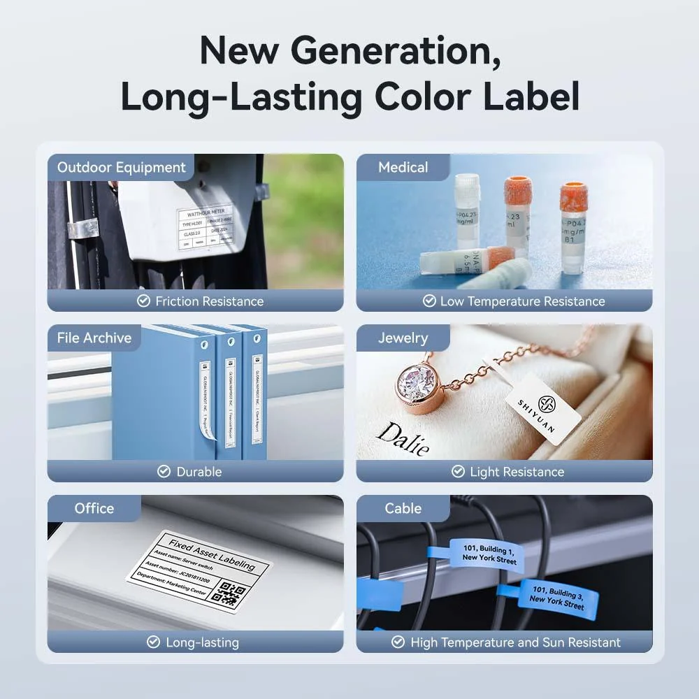 NIIMBOT M2 long-lasting color label examples on equipment, vials, files, jewelry and cables