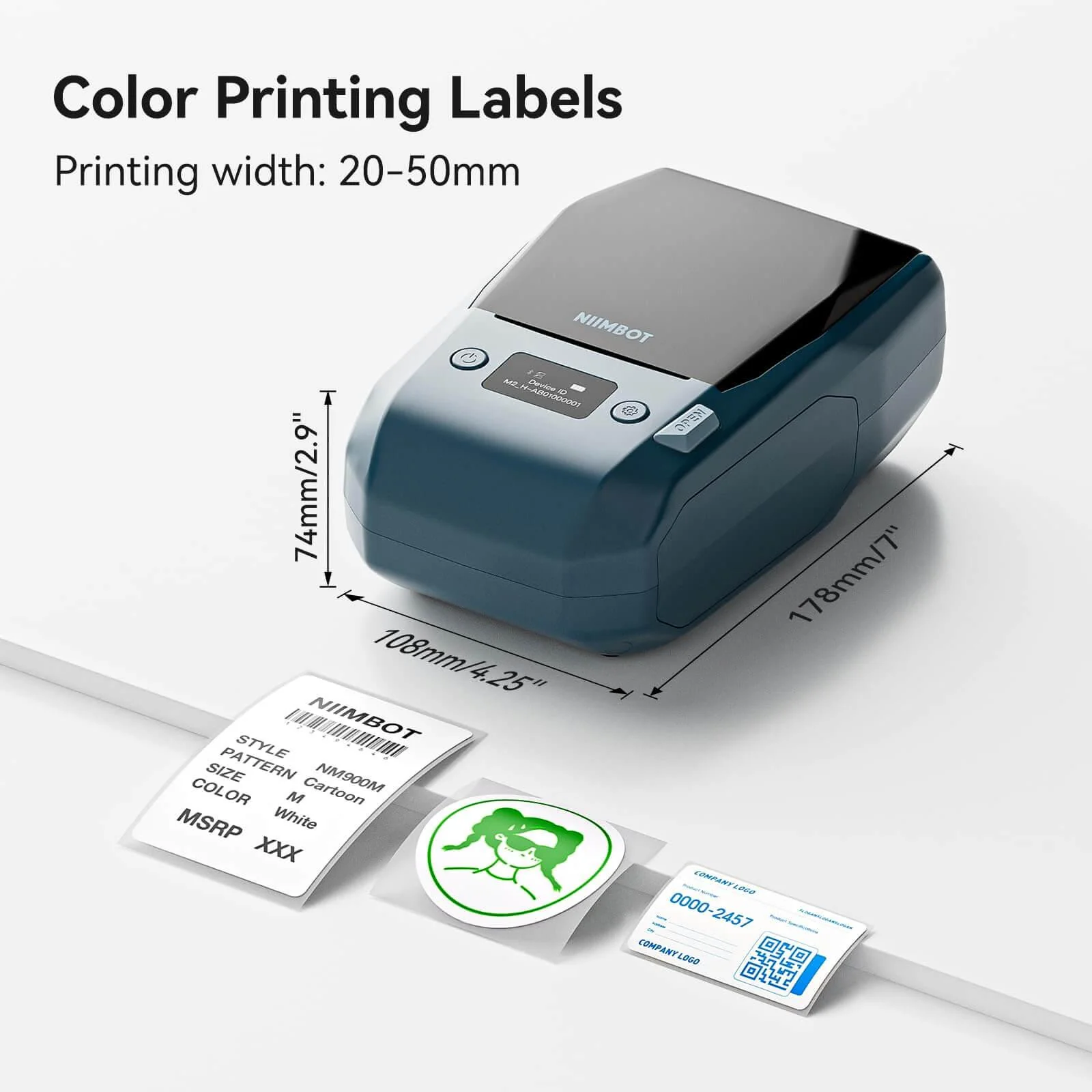 NIIMBOT M2 color printing labels graphic with dimensions 108 by 178 by 74 millimeters