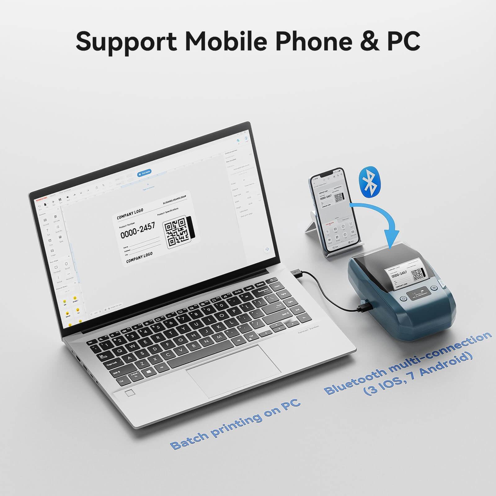 NIIMBOT M2 connected to a phone over Bluetooth and a laptop by USB