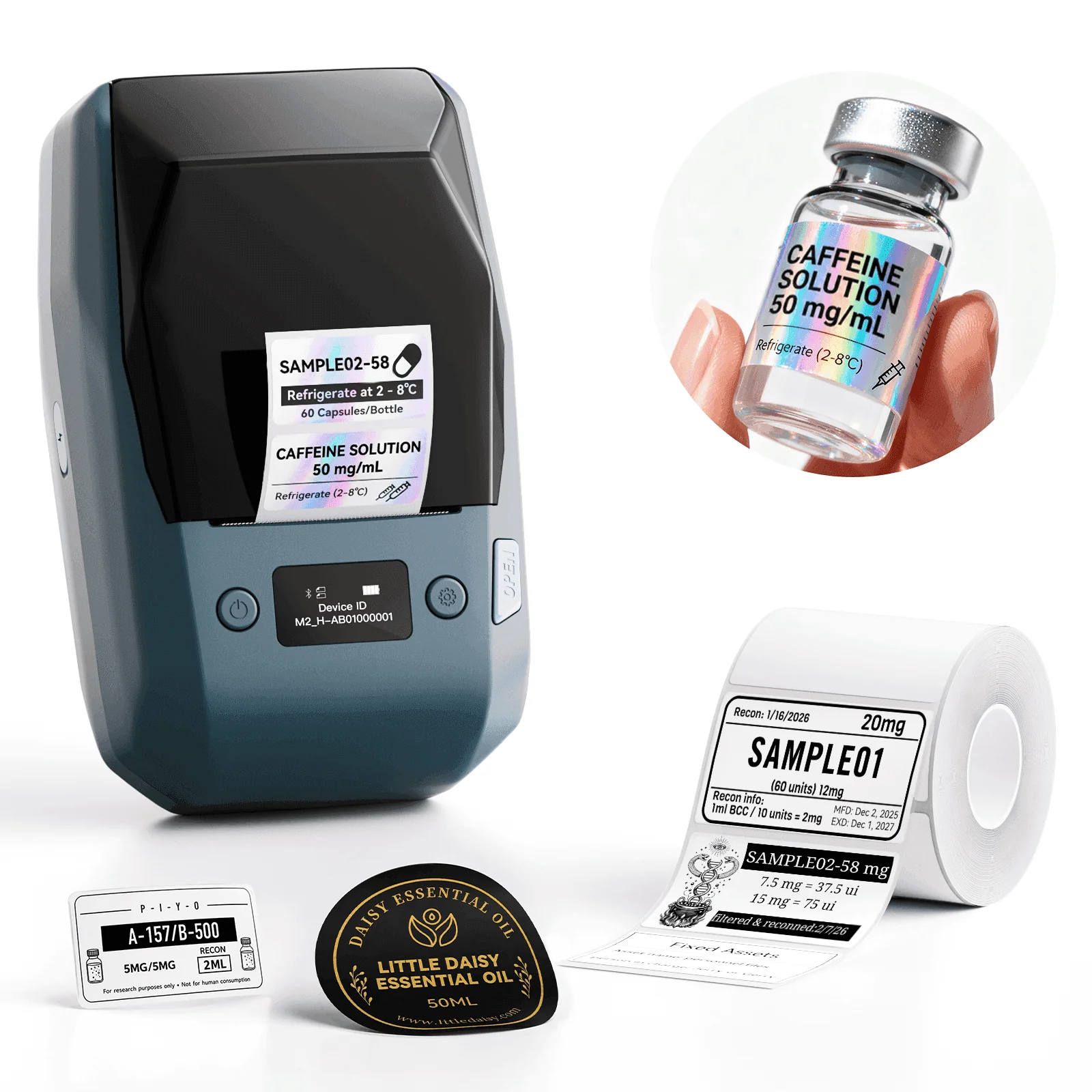 NIIMBOT M2 label maker in lake blue with printed holographic and white labels