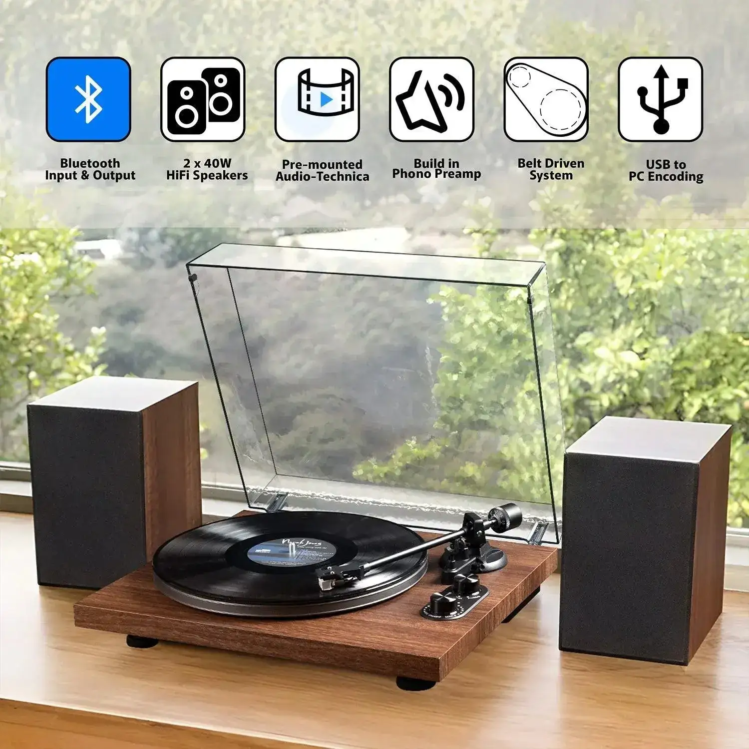 Retrolife UD006 turntable with two wood-grain bookshelf speakers on a windowsill