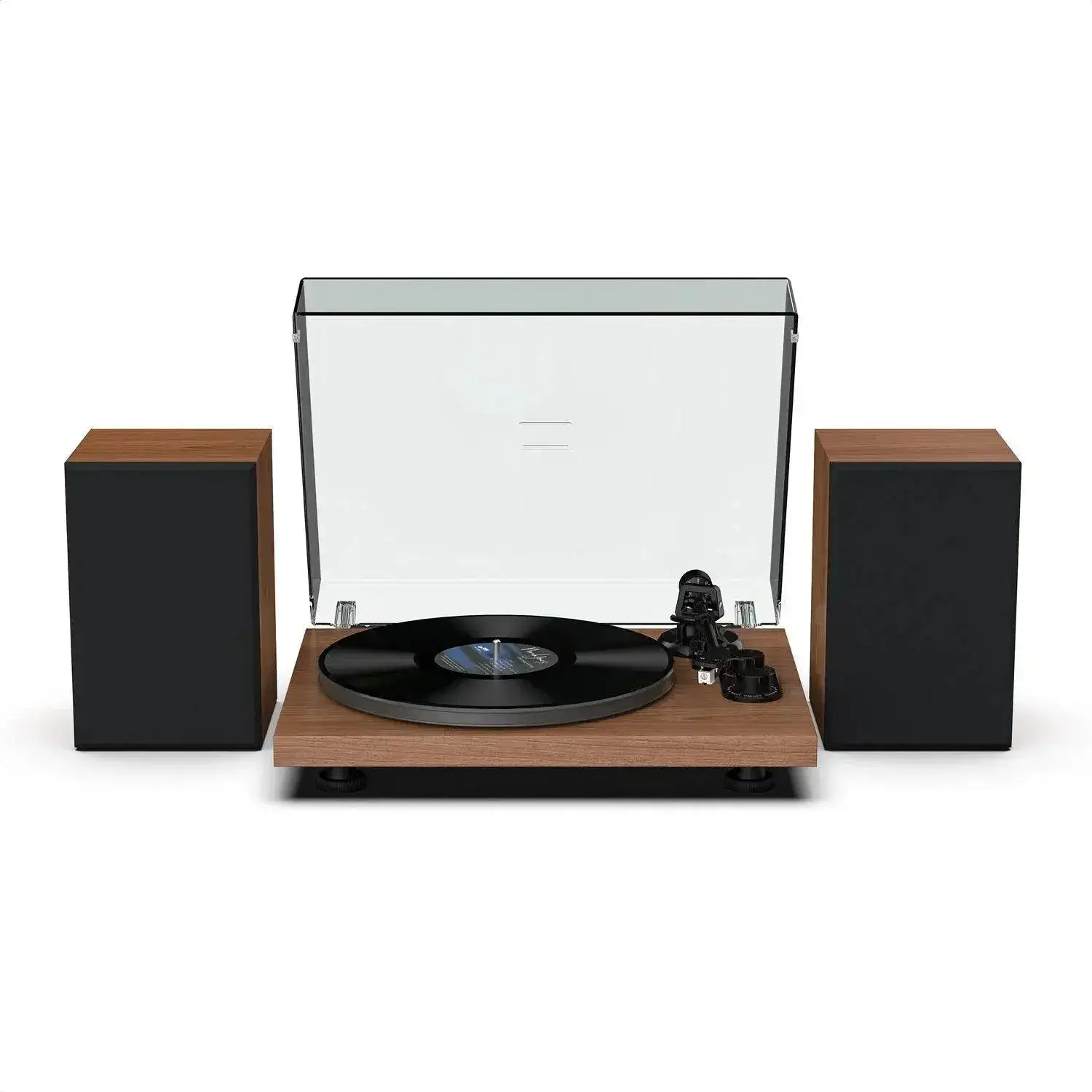 Retrolife UD006 in walnut with its speakers and clear dust cover