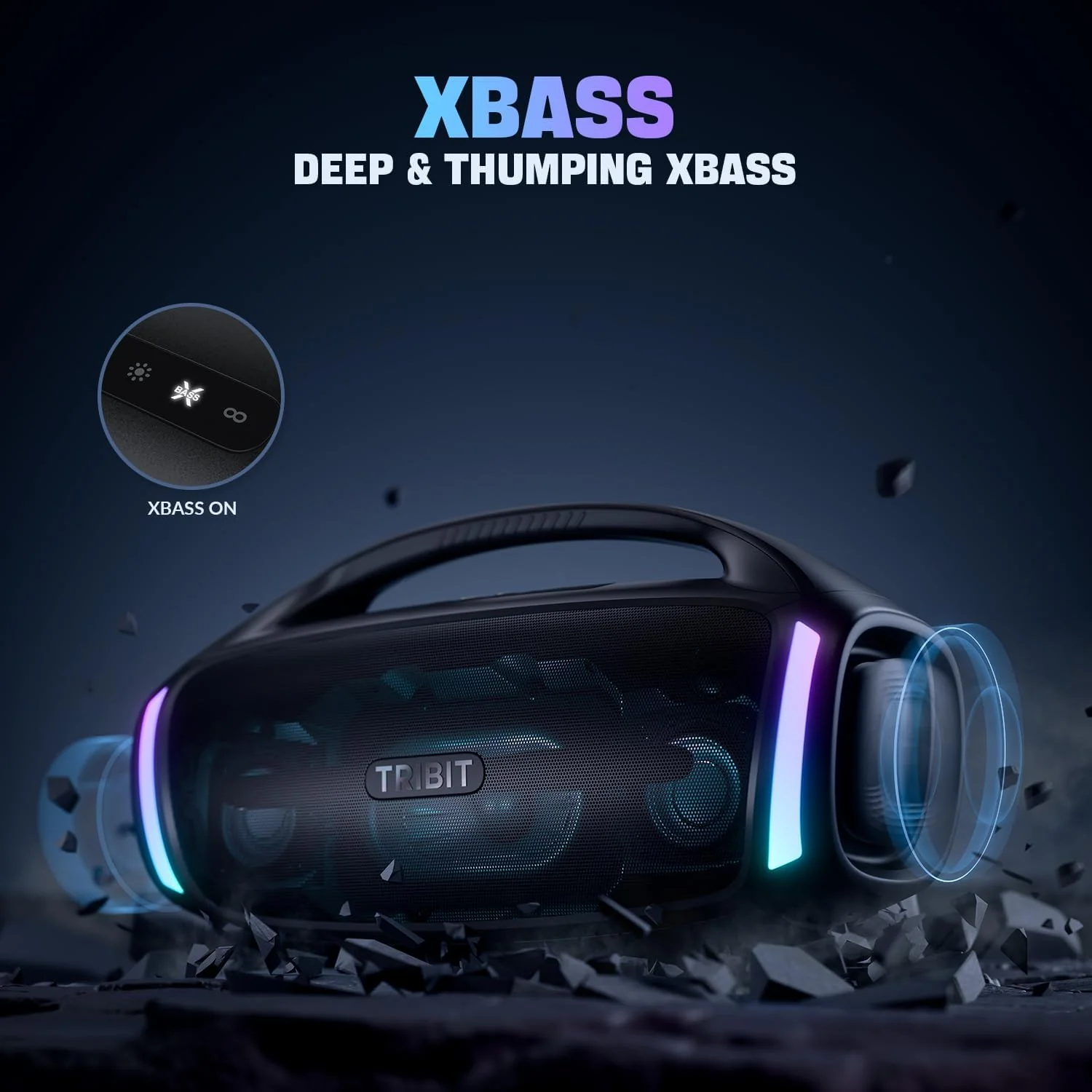Tribit StormBox Blast 2 with XBass icon and bass visual