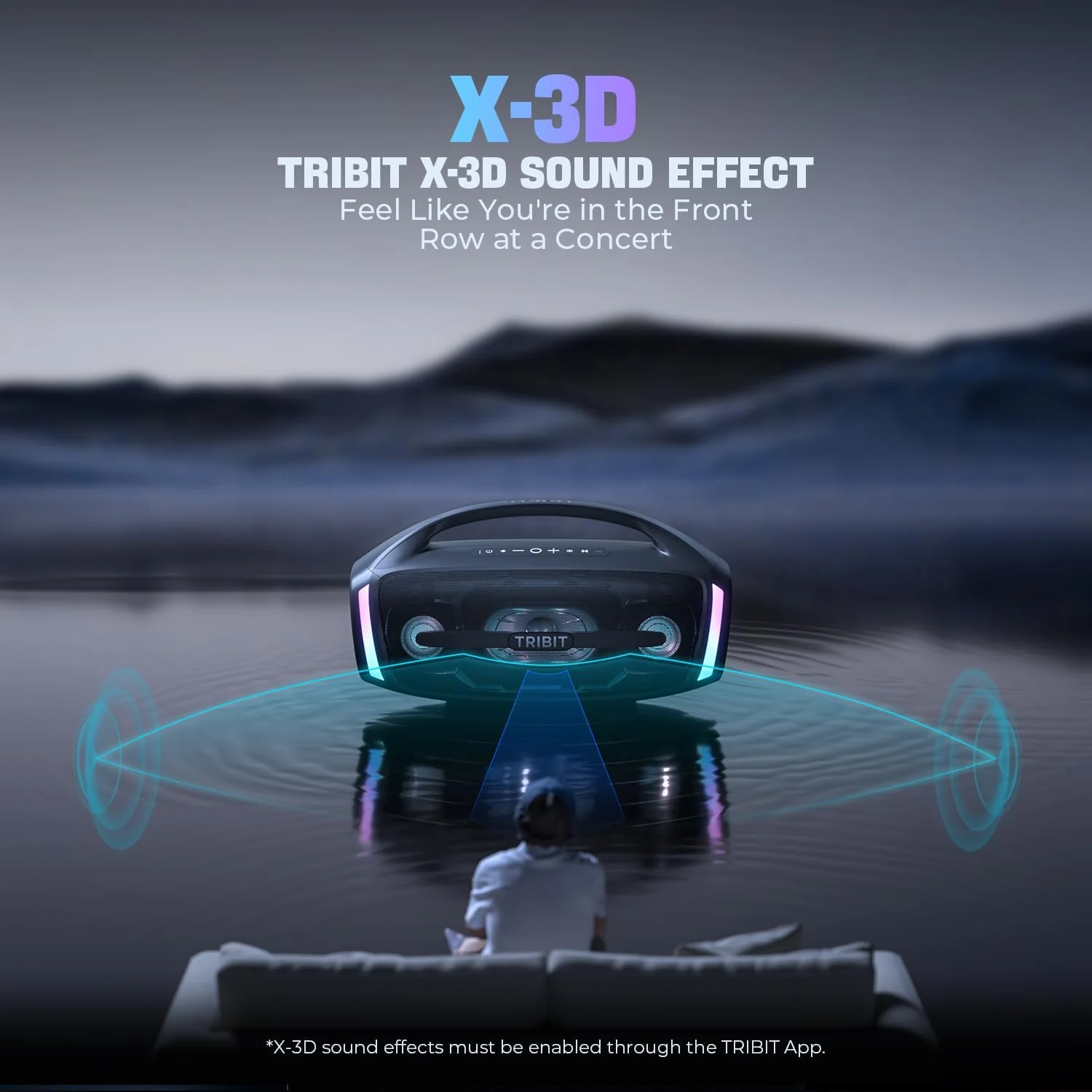 Tribit StormBox Blast 2 with X-3D sound effect graphic