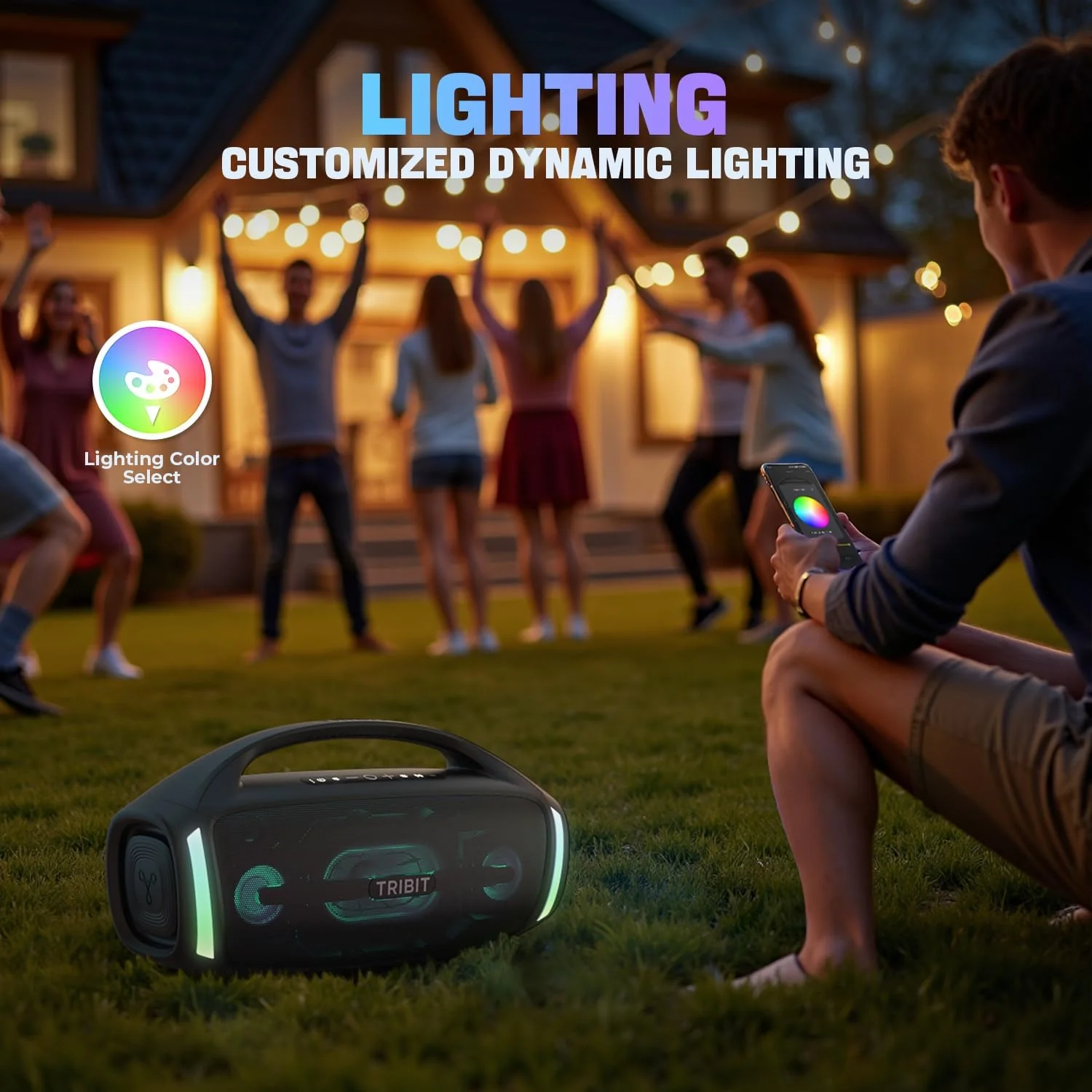 Tribit StormBox Blast 2 speaker glowing on the lawn at a backyard party