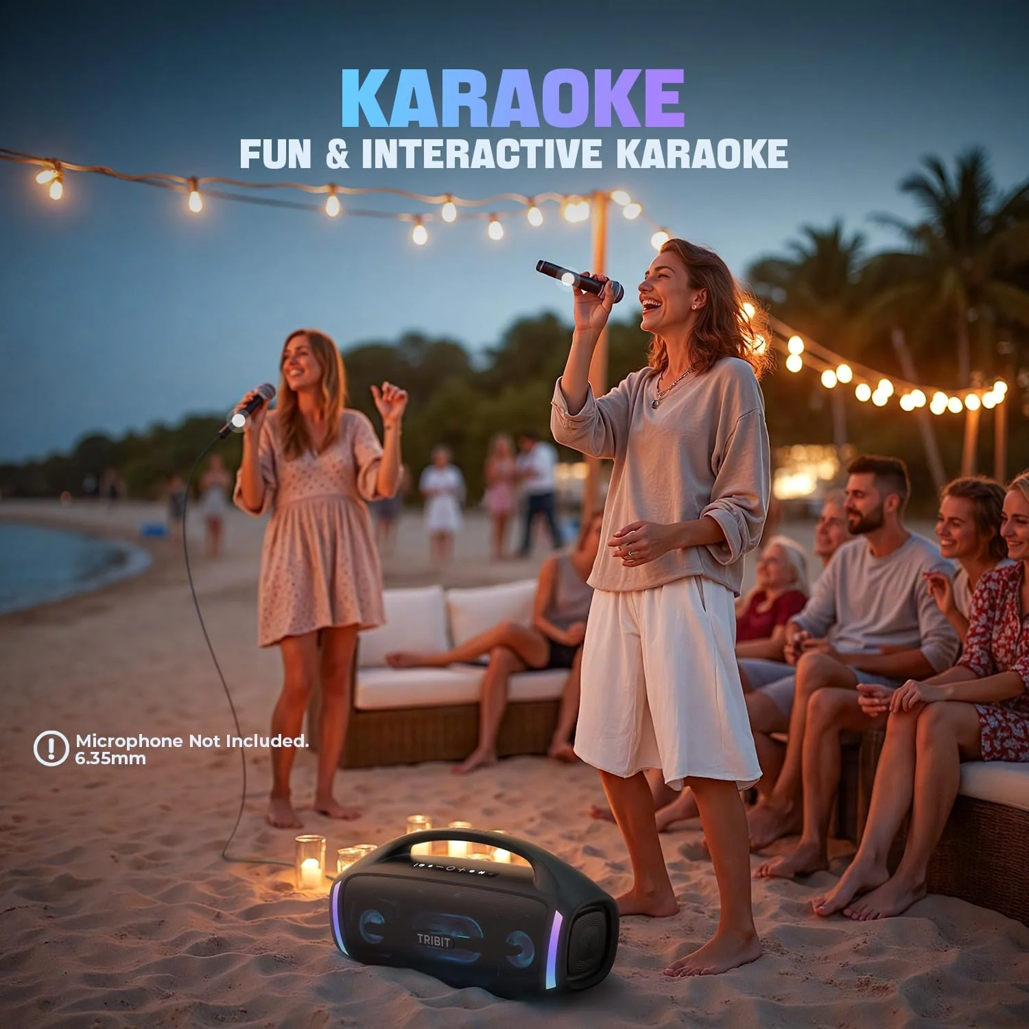 Tribit StormBox Blast 2 hosting a karaoke night on the beach