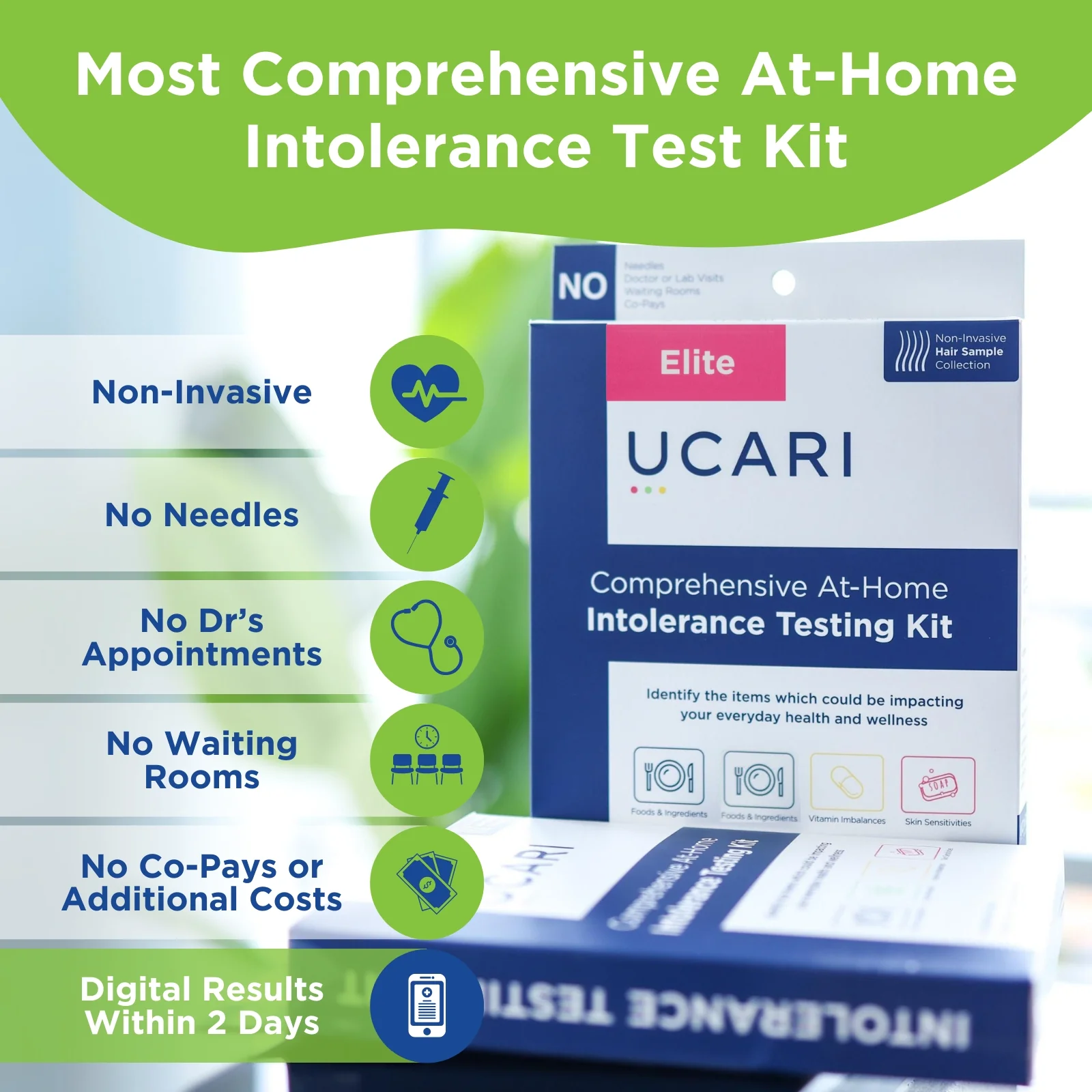 UCARI infographic listing non-invasive, no needles, no appointments and results within 2 days