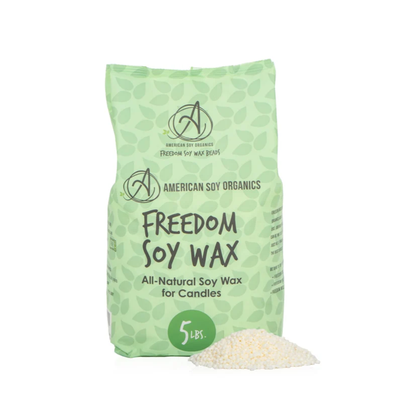 5 lb bag of American Soy Organics Freedom Soy Wax with a pile of cream-colored wax beads