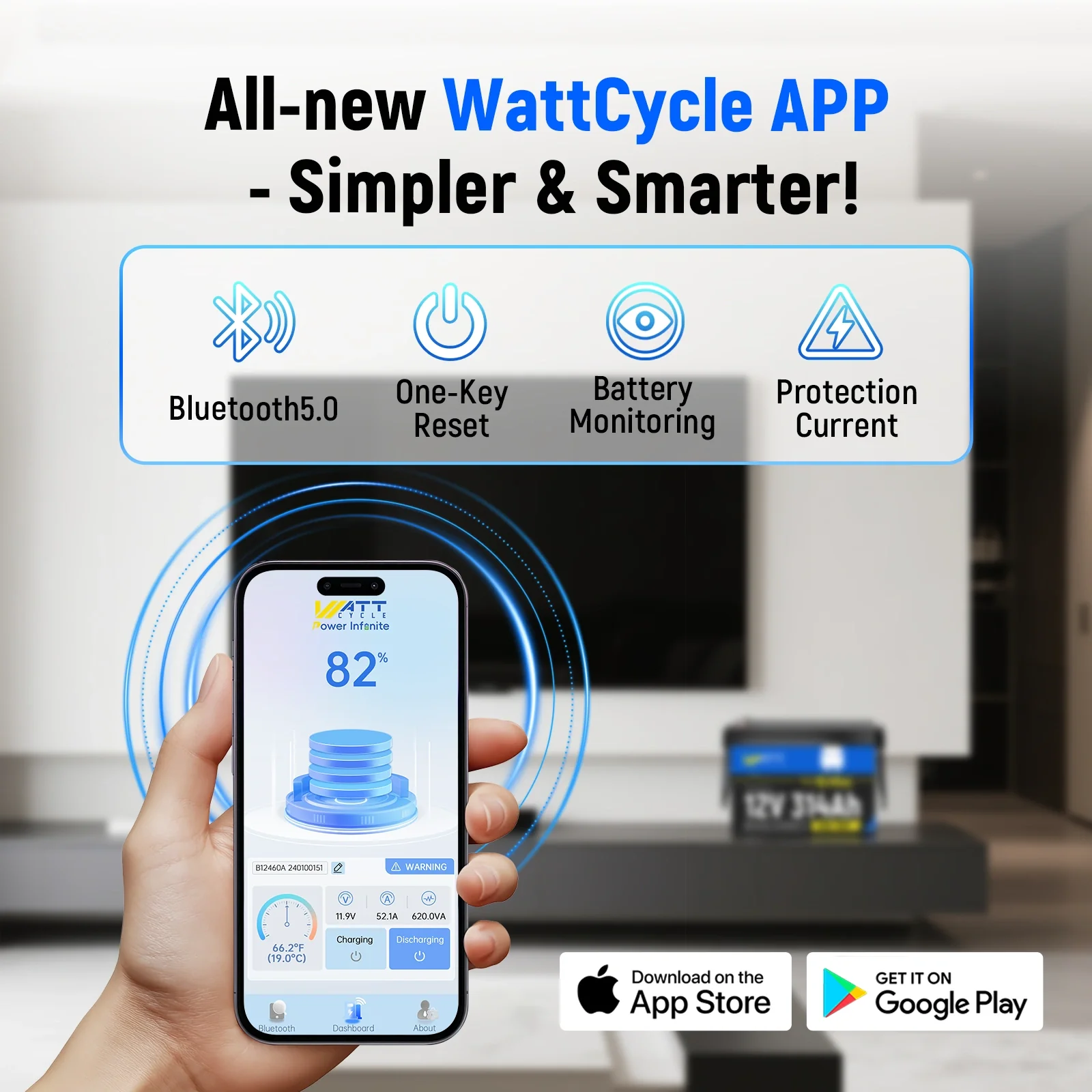 WattCycle app screen showing battery percentage, voltage, current and temperature