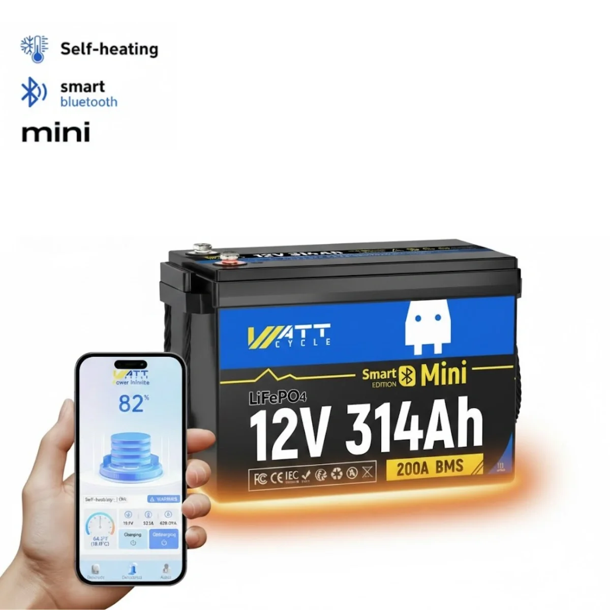 WattCycle 12V 314Ah Mini heated Bluetooth LiFePO4 battery shown with the monitoring app on a phone