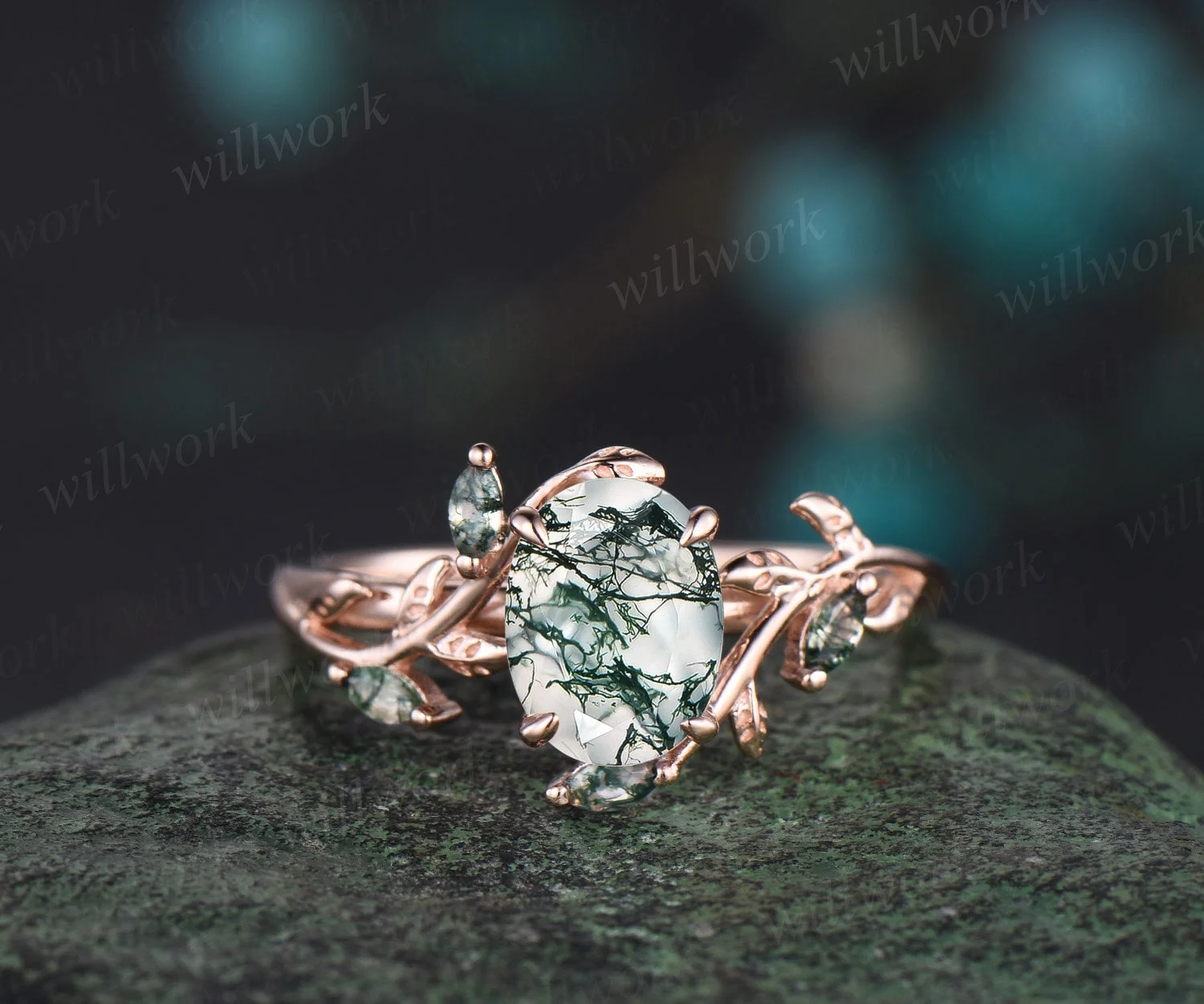 WillWork moss agate main ring alone in rose gold